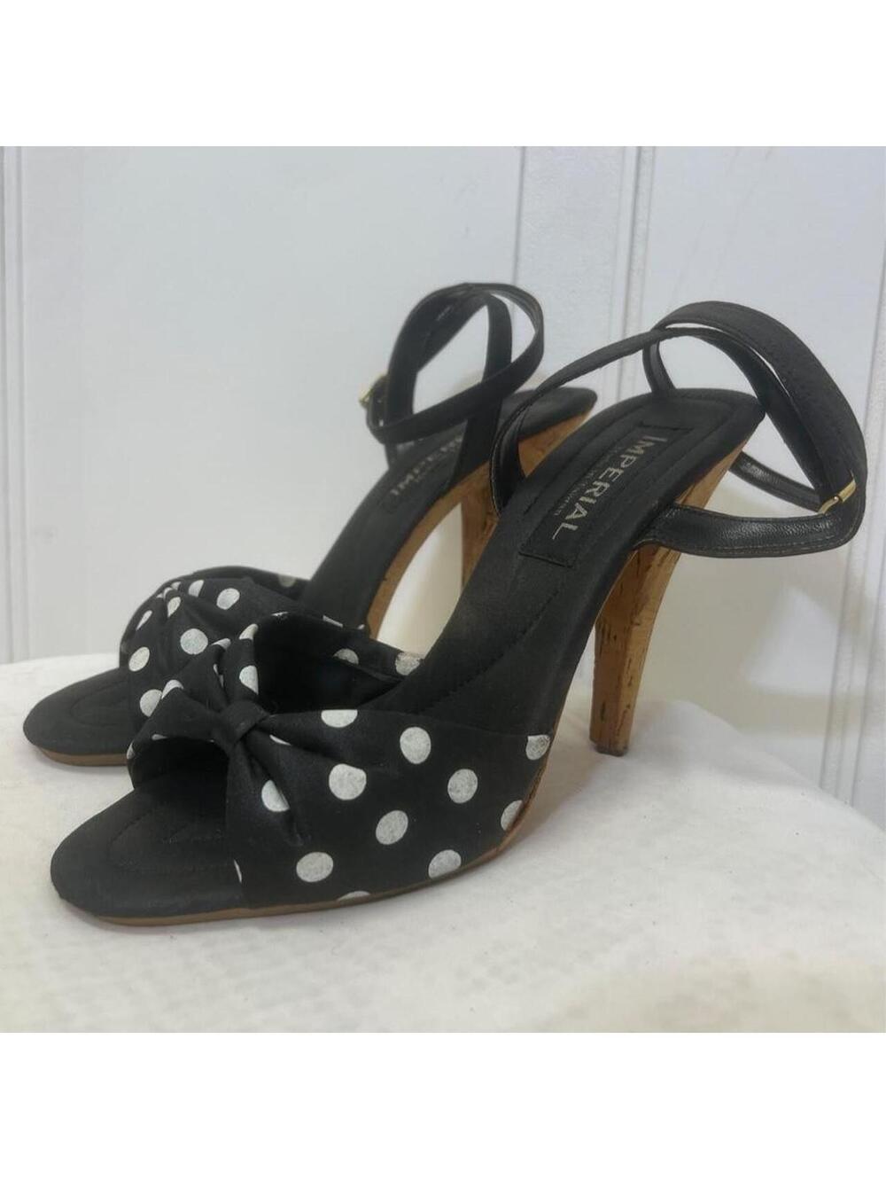 vintage & white polka dot bow strappy heels with cork base by IMPERIAL